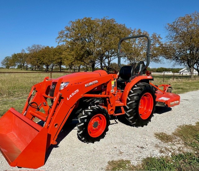 Kubota Compact Tractor with LA525 Bucket Arm & Rotary Mower Attachment